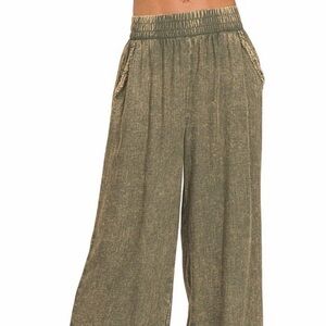 LT. OLIVE WASHED LINEN FRAYED HEM ELASTIC BAND WAIST PANTS